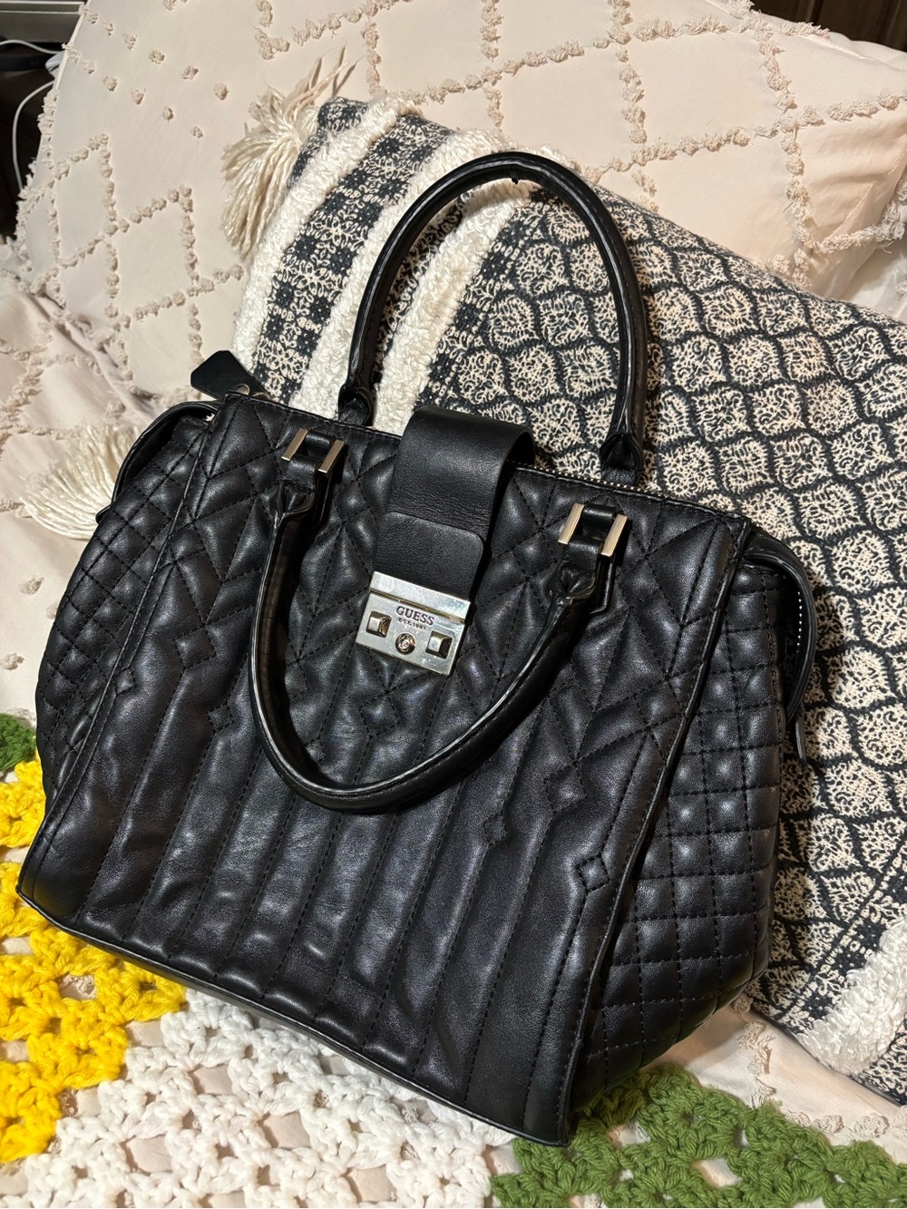GUESS Black Quilted Satchel with Top Handles